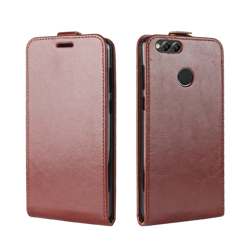 Huawei Honor 7X leather wallet phone case in black with a textured crazy horse pattern and card slot.