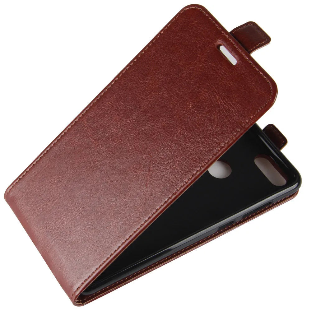 Huawei Honor 7X leather wallet phone case in black with a textured crazy horse pattern and card slot.