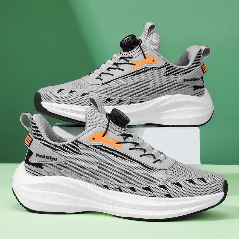Men's rotating buckle Fly-kit mesh running shoes in black, grey, or white/green colours with flat sole