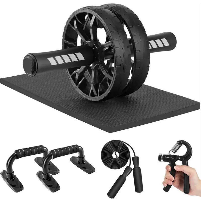 Indoor push-up bracket and set of seven abdominal wheels for home fitness, shown in red, green, black, and blue colours.