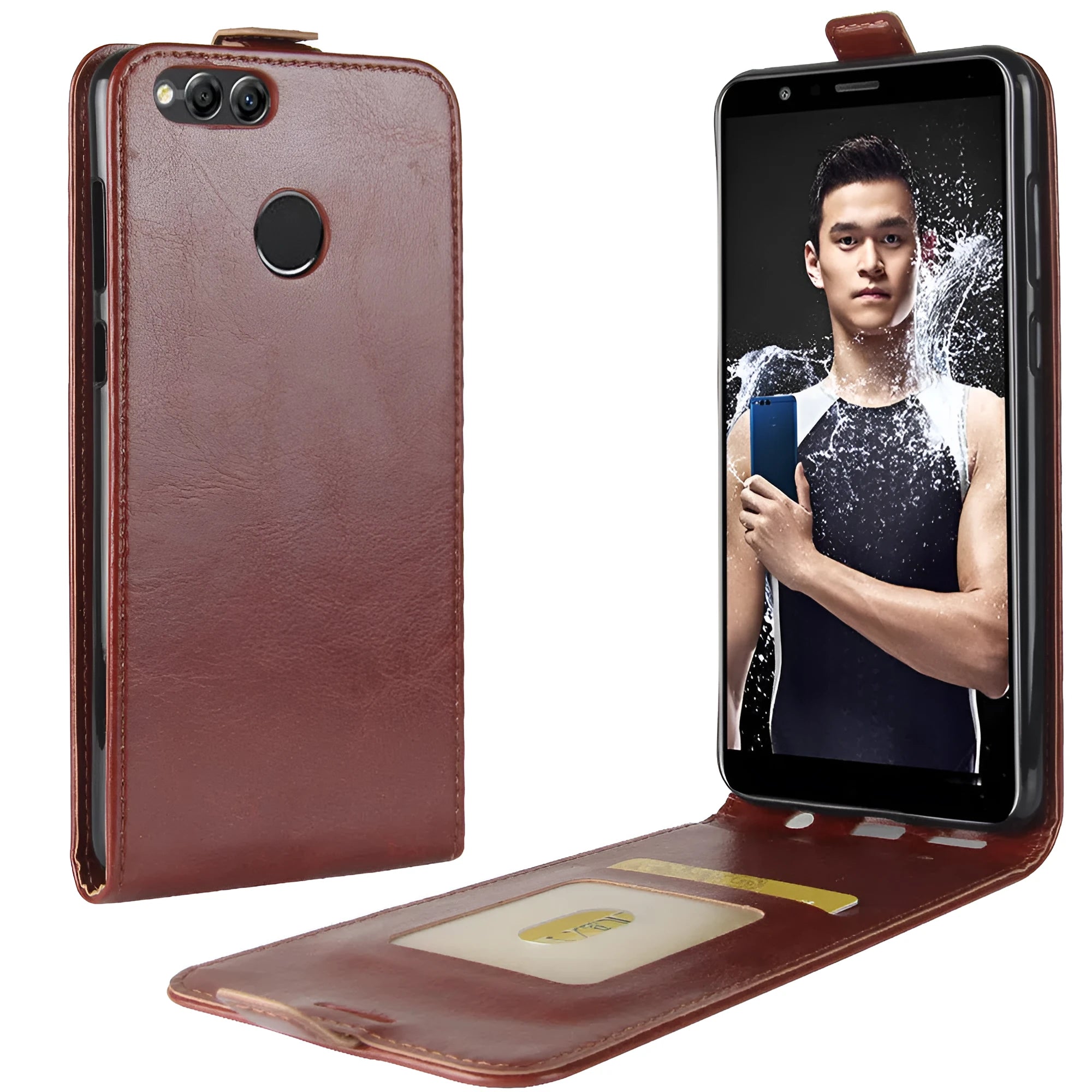 Huawei Honor 7X leather wallet phone case in black with a textured crazy horse pattern and card slot.