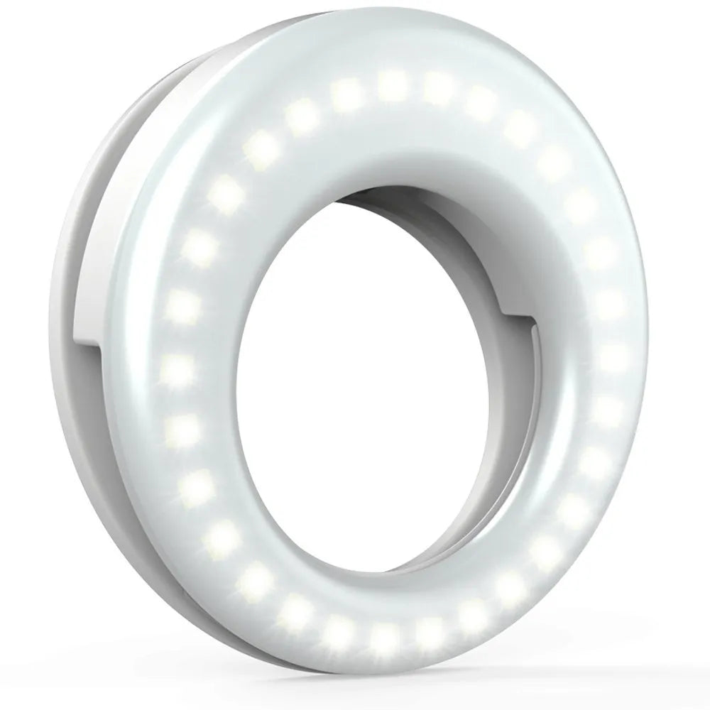 Compact black selfie ring light for smartphone photography with adjustable brightness settings