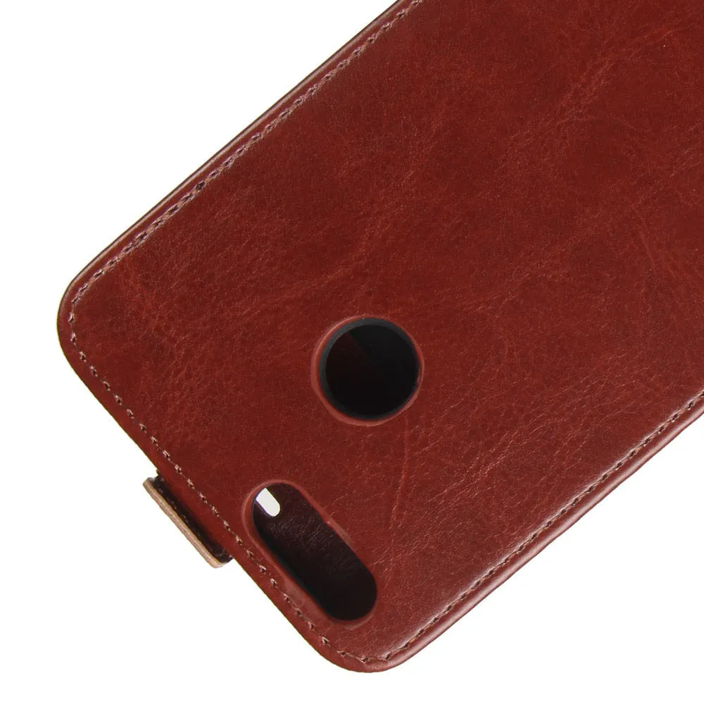 Huawei Honor 7X leather wallet phone case in black with a textured crazy horse pattern and card slot.