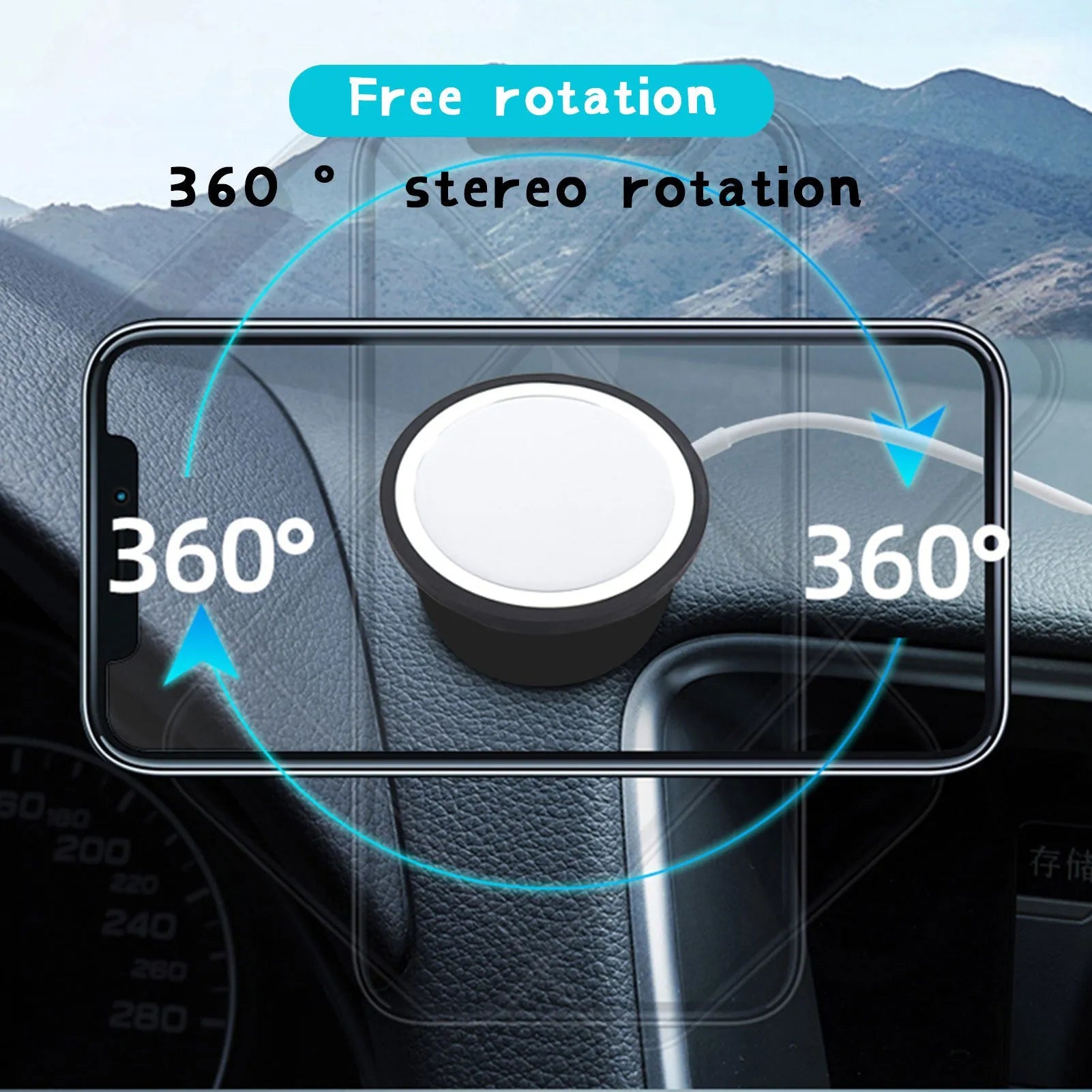 Black car magnetic phone holder mounted on car air vent with phone attached