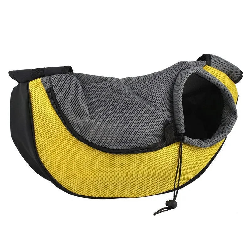 Blue polyester pet carrier backpack shown from the side, with mesh panel and straps.