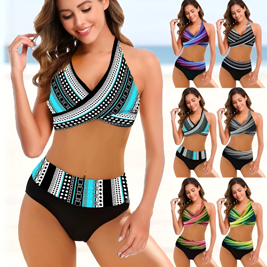 Women's striped tie-dye bikini with hollow back design and high-waisted briefs
