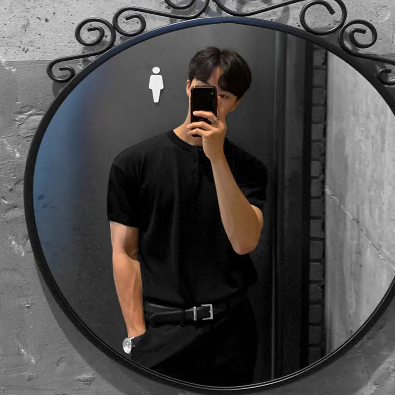 Men's black ice silk knitted short-sleeved shirt showing slim fit and polyvinyl alcohol fiber texture