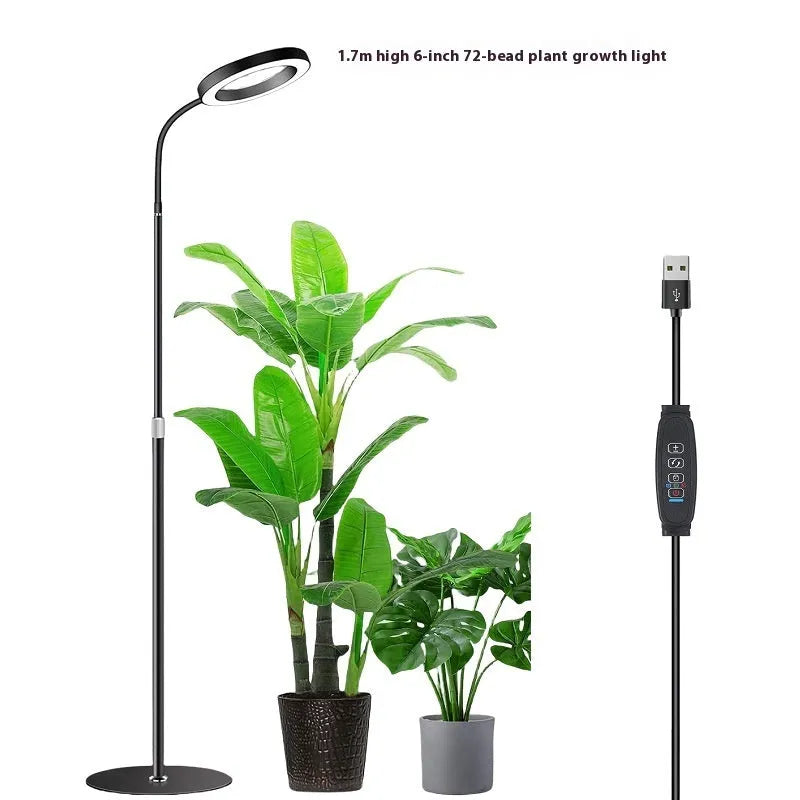 White retractable floor standing plant grow light with angel ring LED panel extended to full height.