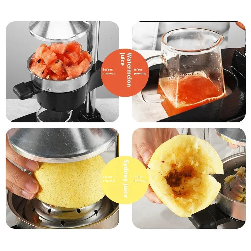 Upgraded black manual cast iron juicer with stainless steel funnel, 40 cm tall on a kitchen counter.