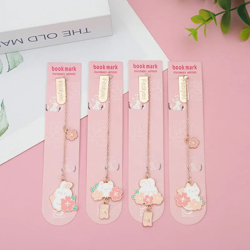 Cute cartoon metal pendant bookmark with cherry cat and sakura bunny designs