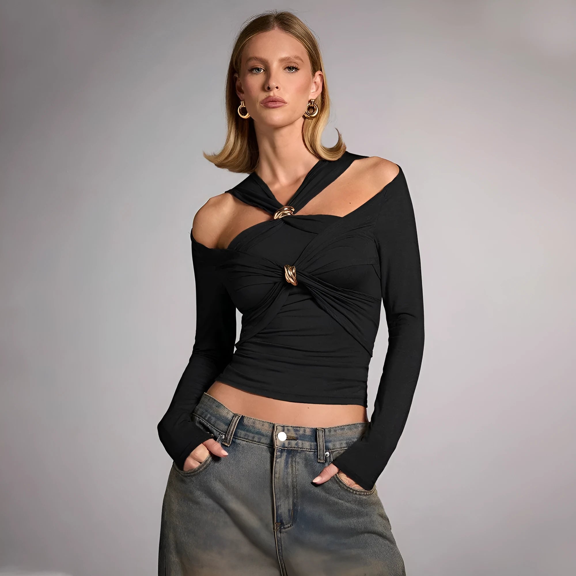 Black women's halter top with shoulder-baring design and regular long sleeves