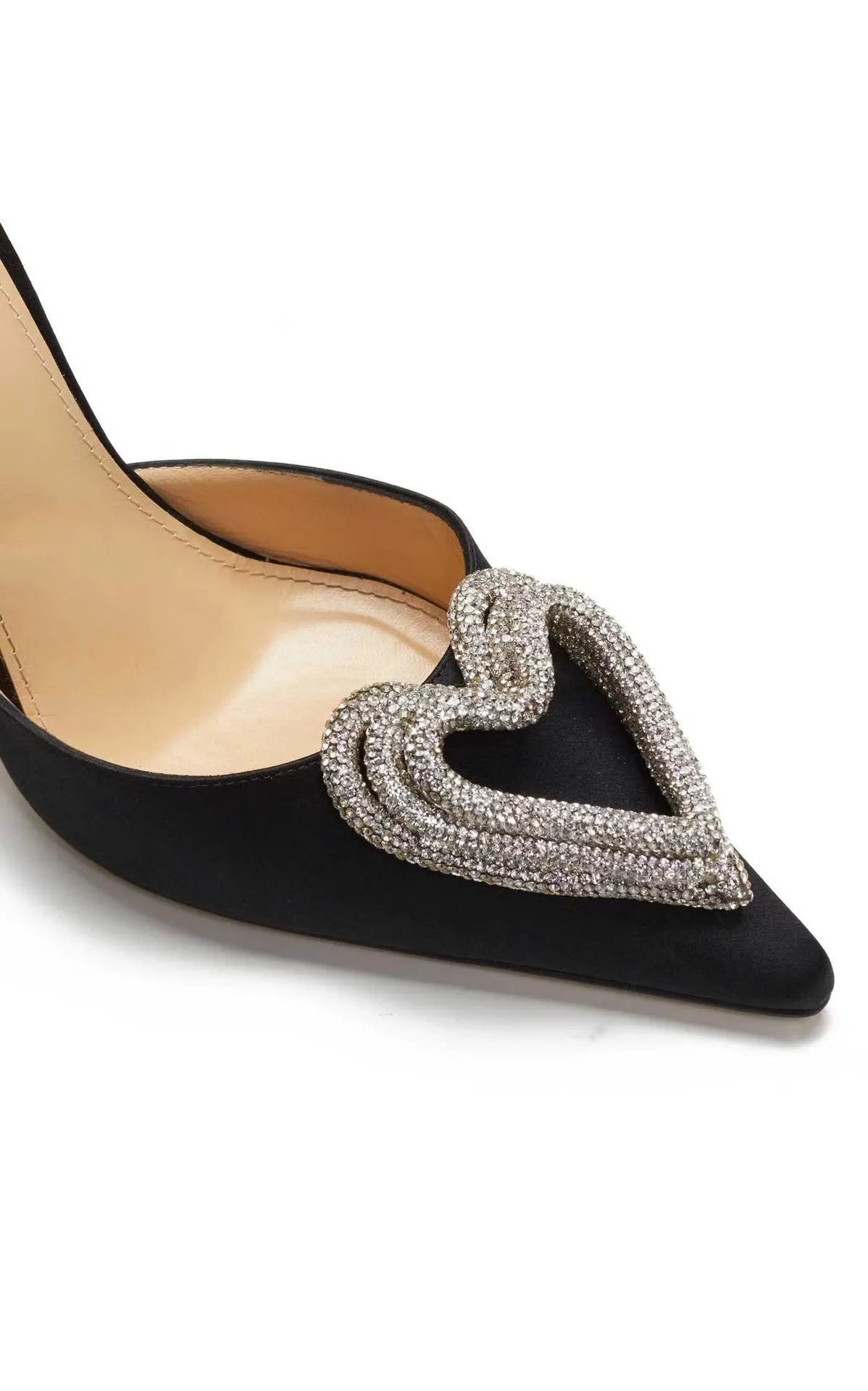 Women's decorative sandals with heart-shaped rhinestones on satin upper and cross-strap design