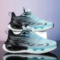 Men's low-top sneaker with a rotating button closure on the side, shown in light blue mesh.