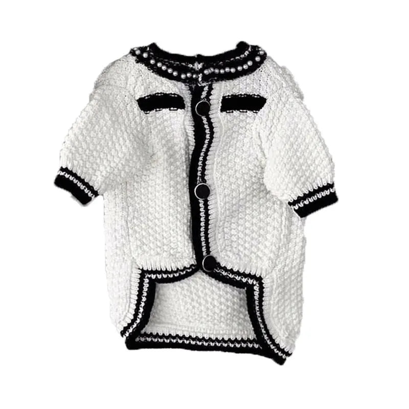 Korean-style white dog sweater with pearl collar on small breed pet