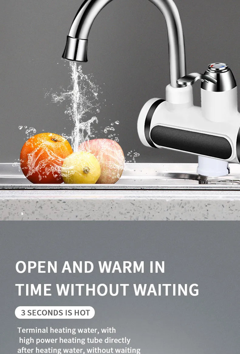 White kitchen instant electric water heater tap with digital temperature display and power cord.
