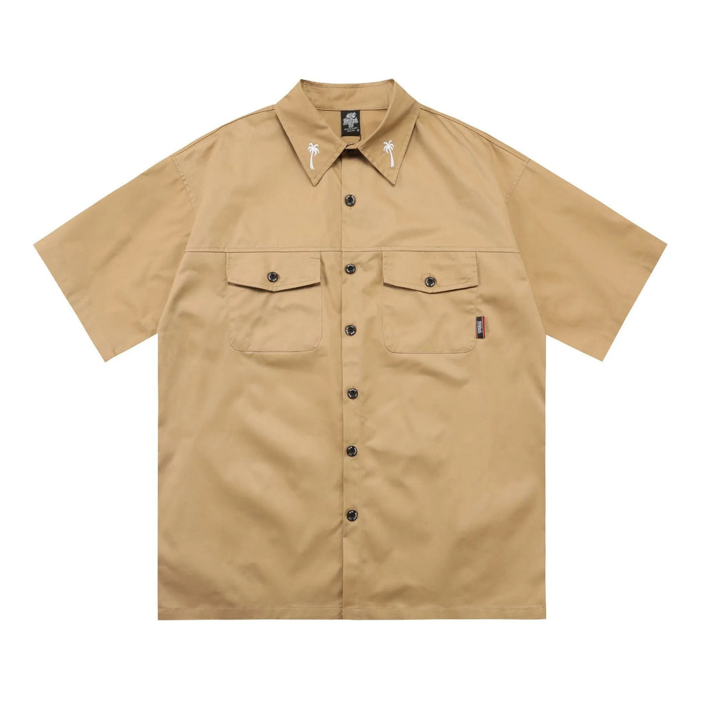 Men's loose fit half-sleeve pocket shirt in black, made from cotton blend fabric.