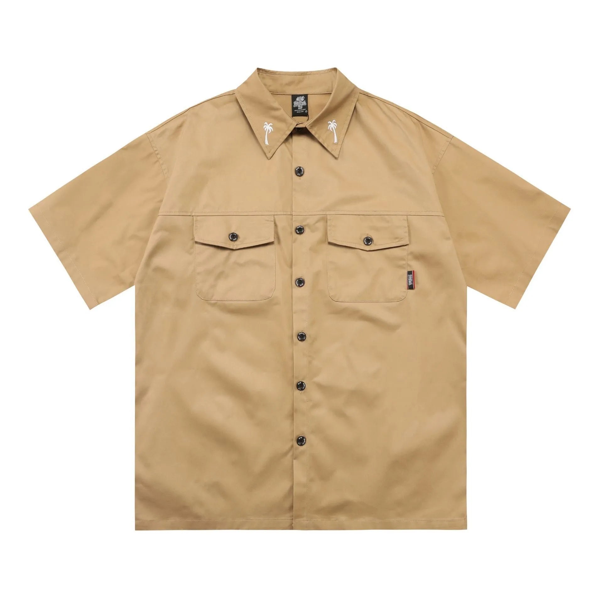 Men's loose fit half-sleeve pocket shirt in black, made from cotton blend fabric.