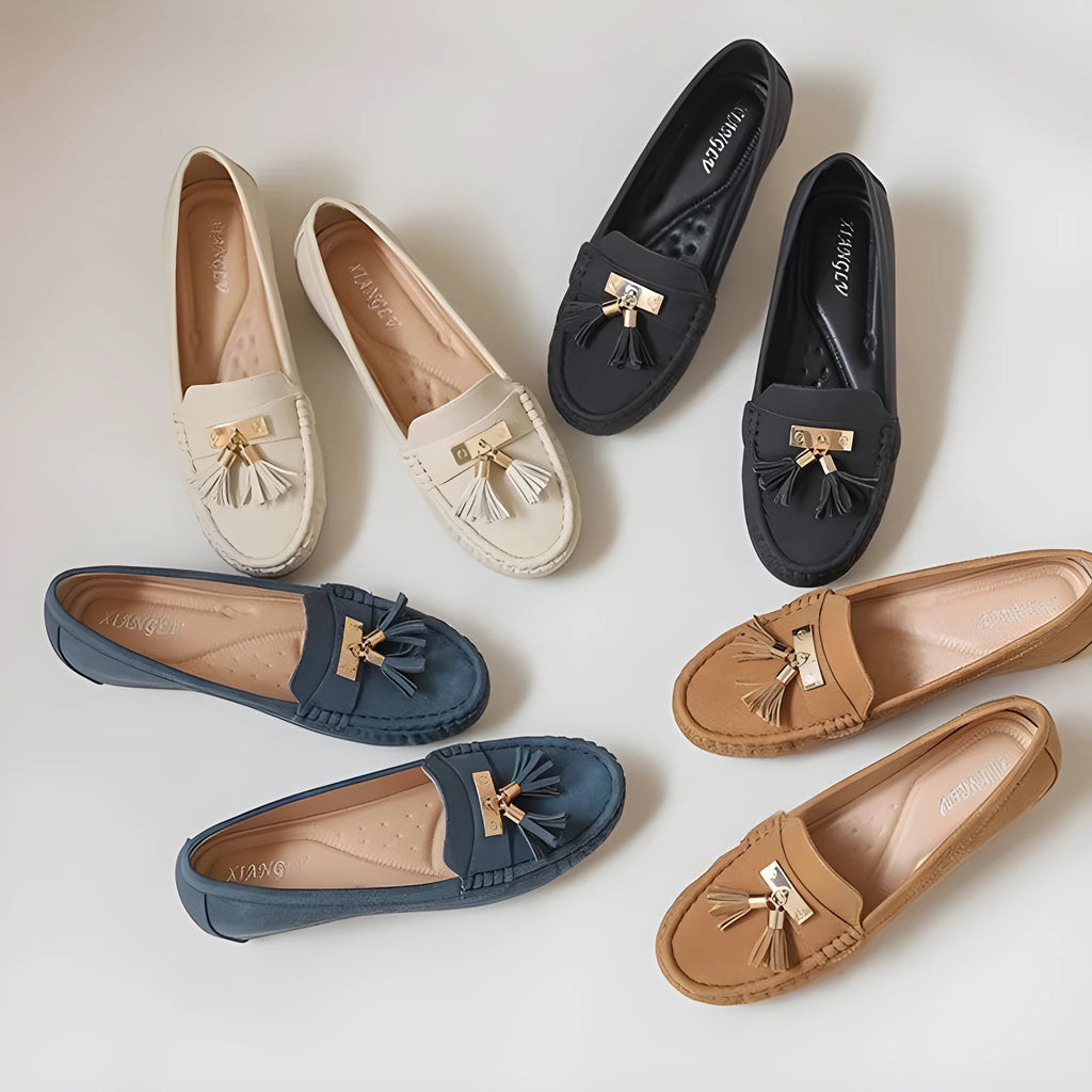 Nude casual work shoes with a mid heel, round toe, available in black, brown, blue, and milky white.