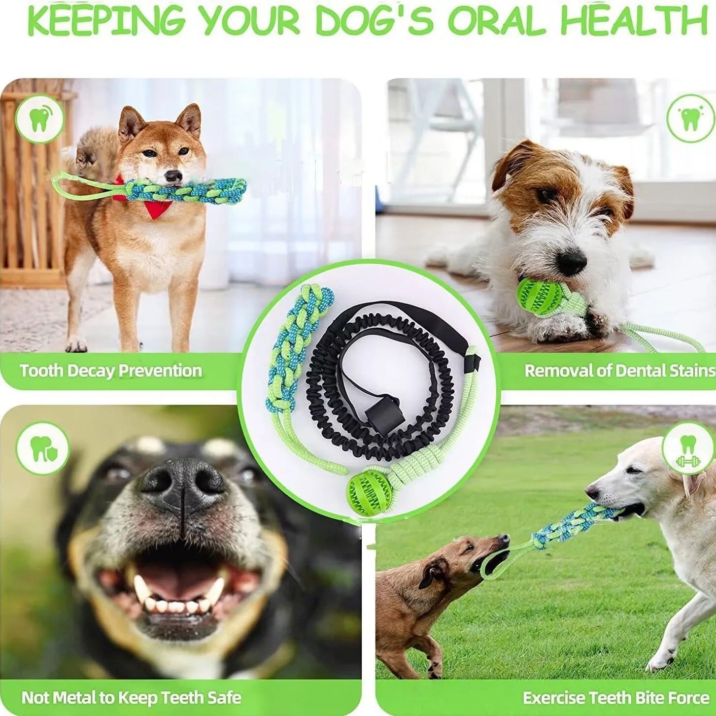 Green cotton rope dog toy with ball for tug of war and fetch games.