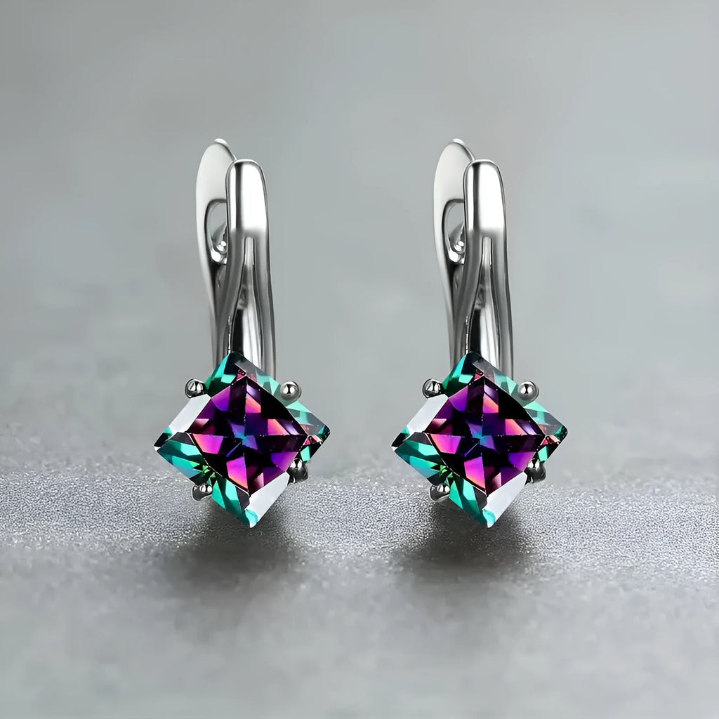 Copper diamond-shaped earrings for women with inlaid zircon stones in blue, green, and colour variants.