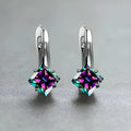 Copper diamond-shaped earrings for women with inlaid zircon stones in blue, green, and colour variants.