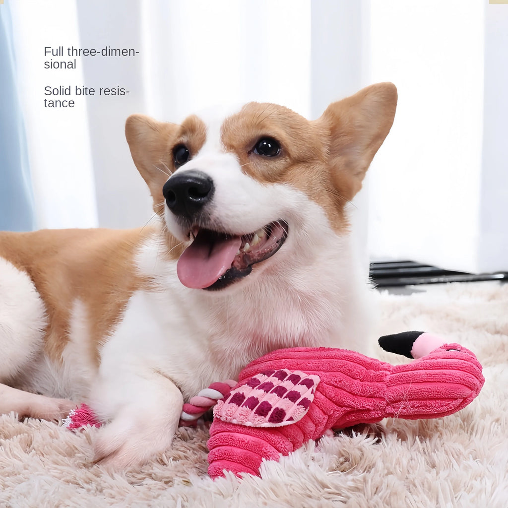 Pink rabbit-shaped corduroy plush dog toy with squeaker inside