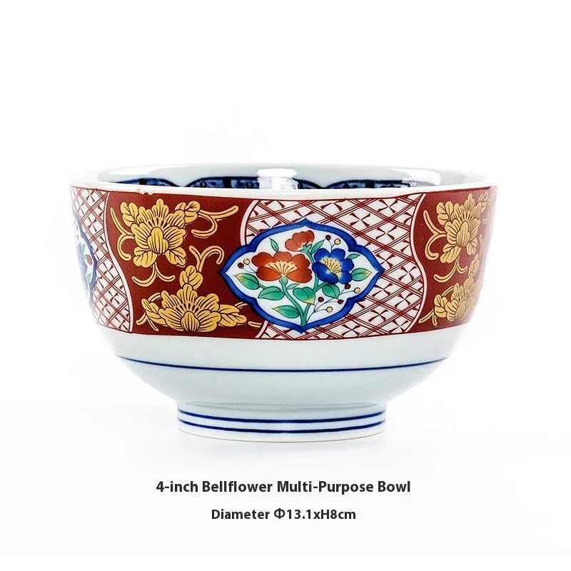 Japanese style ceramic 4-inch bowls with peony and floral patterns in retro gold, yellow and green colours
