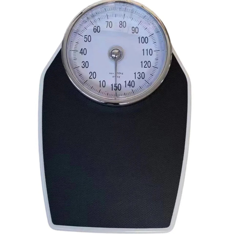 Black mechanical pointer body weight scale with large dial on a 47x35x11cm platform.