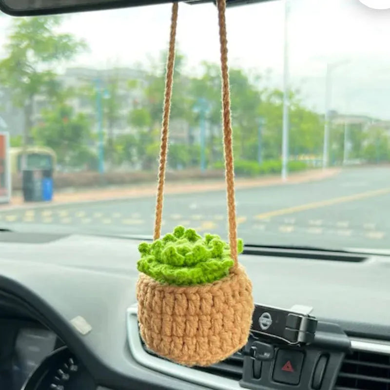 Knitted green and white car plant decoration with hanging rope