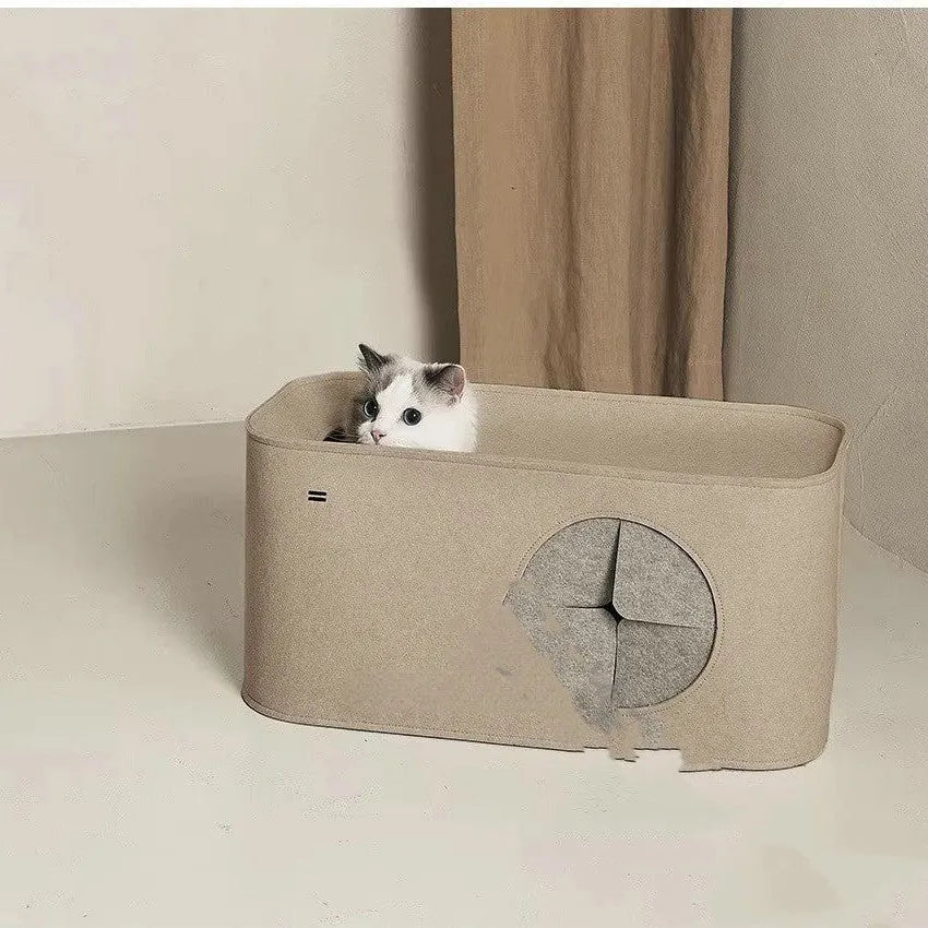 A foldable grey felt cat nest bed shown next to a folded flat version.