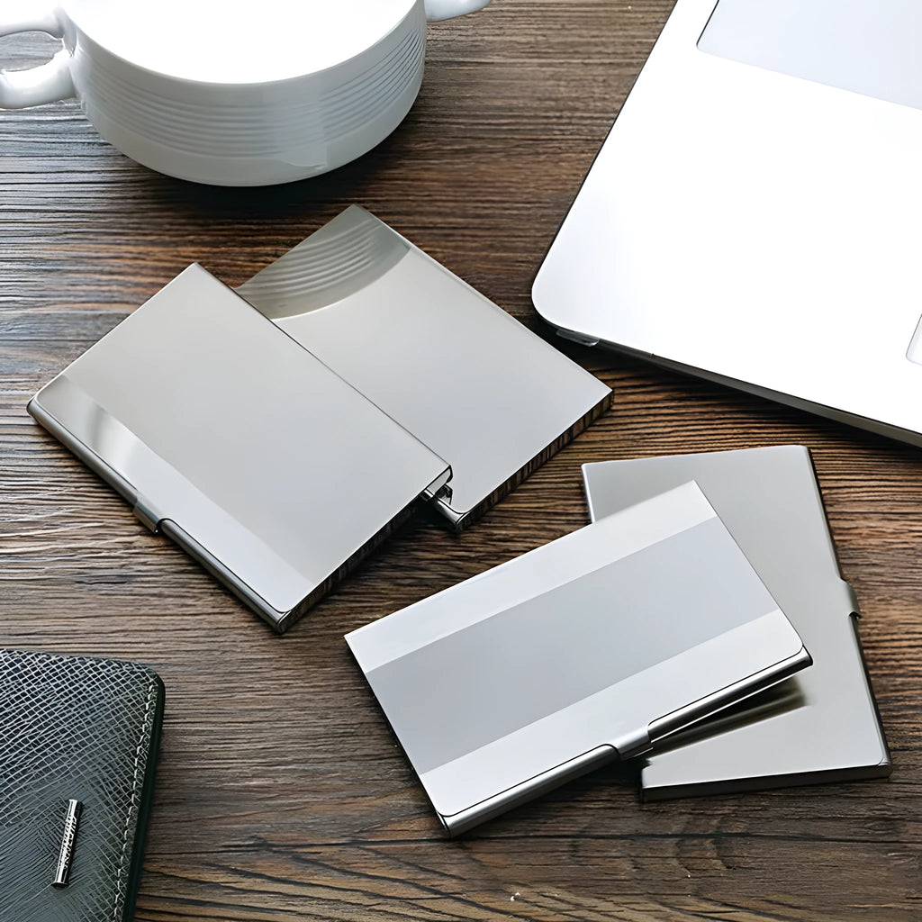 304 stainless steel business card case with geometry design measuring 92.5 × 58 × 6 mm