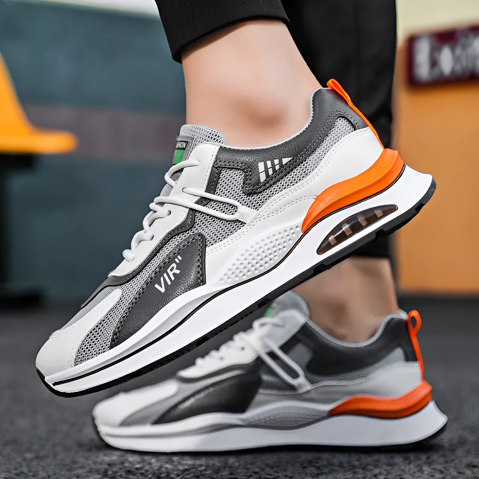 Men's grey and black breathable mesh casual running shoes with a round toe and EVA sole