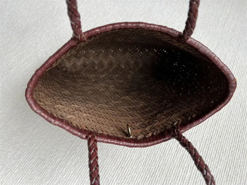 Brown woven leather tote bag with three-dimensional pocket and polyester lining
