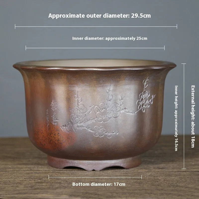 Antique carved purple sand ceramic flower pot for indoor bonsai in classical style