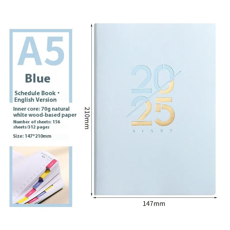 A5 daily planner with soft faux leather cover open to show dot grid pages