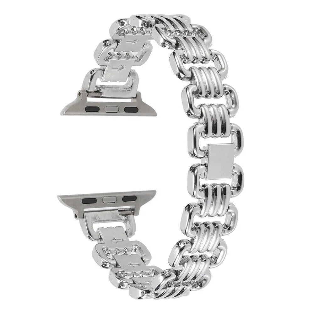 Alloy metal Apple Watch replacement bracelet in silver, black, gold, rose gold, and Starlight colours.