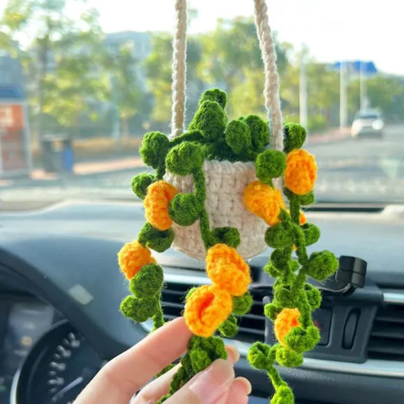 Knitted green and white car plant decoration with hanging rope