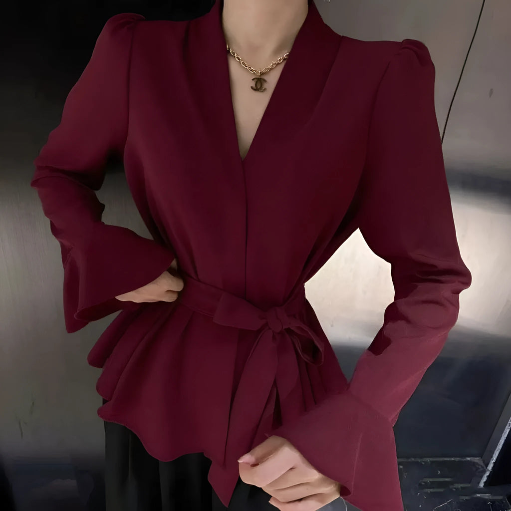 Women's French-style black shirt with irregular collar and long bell sleeves