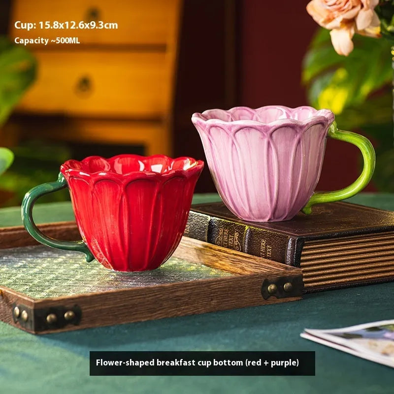 Ceramic breakfast mug with floral pattern showing 500ml capacity in red colour option