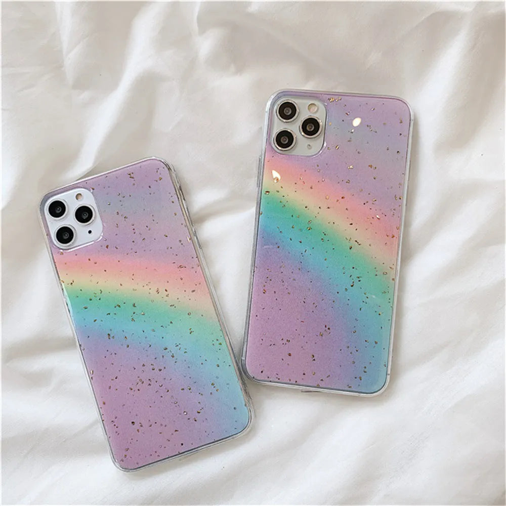 Rainbow gradient TPU iPhone case with colourful stripes on back, showing Japanese and Korean style design