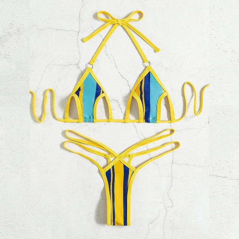 Yellow women's split swimsuit with neck-hanging hollow design and high-waist backless styling