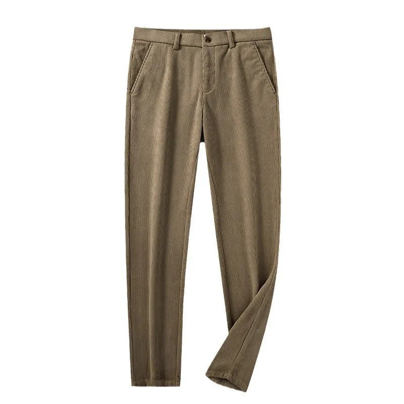 British retro striped straight leg trousers in chemical fibre blend fabric shown in khaki colour