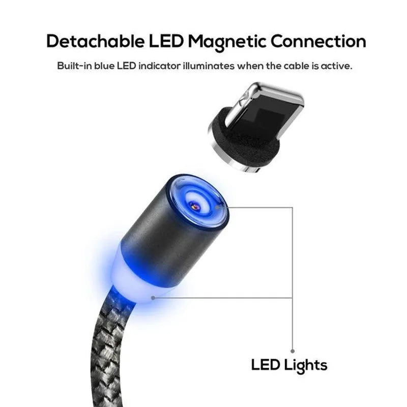 Magnetic charging cable with aluminium alloy shell and three magnetic plugs for Apple, Android, and Type-C devices