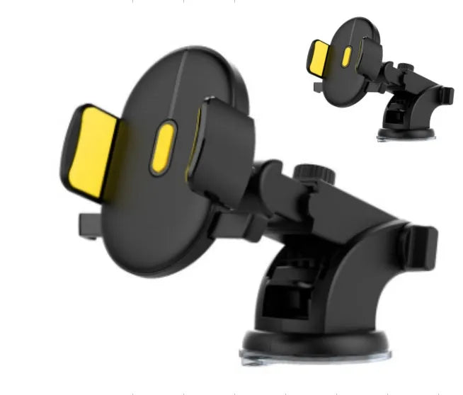 Yellow and black car phone holder with telescopic arm and suction cup mount on dashboard