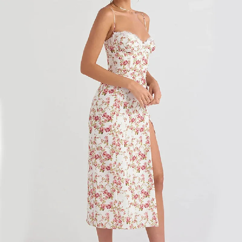 Women's long lace floral print dress with side slit and adjustable suspender straps in blue, green, or red