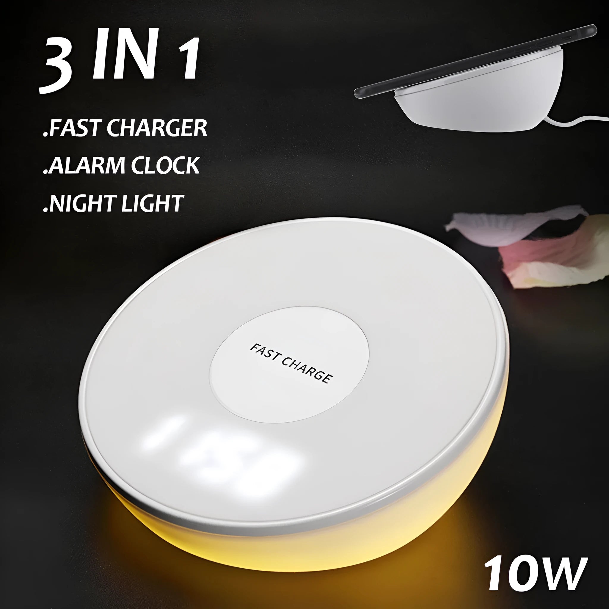 White rectangular wireless charging pad with a digital clock display on the front.