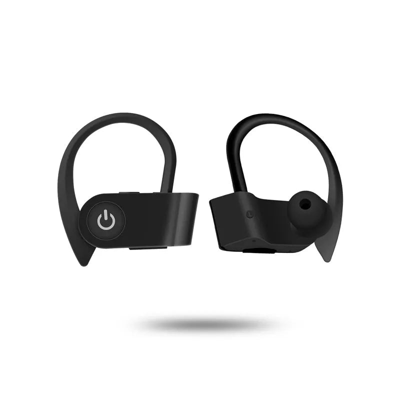 Black, grey, and red wireless Bluetooth earphones with ergonomic design and charging case.