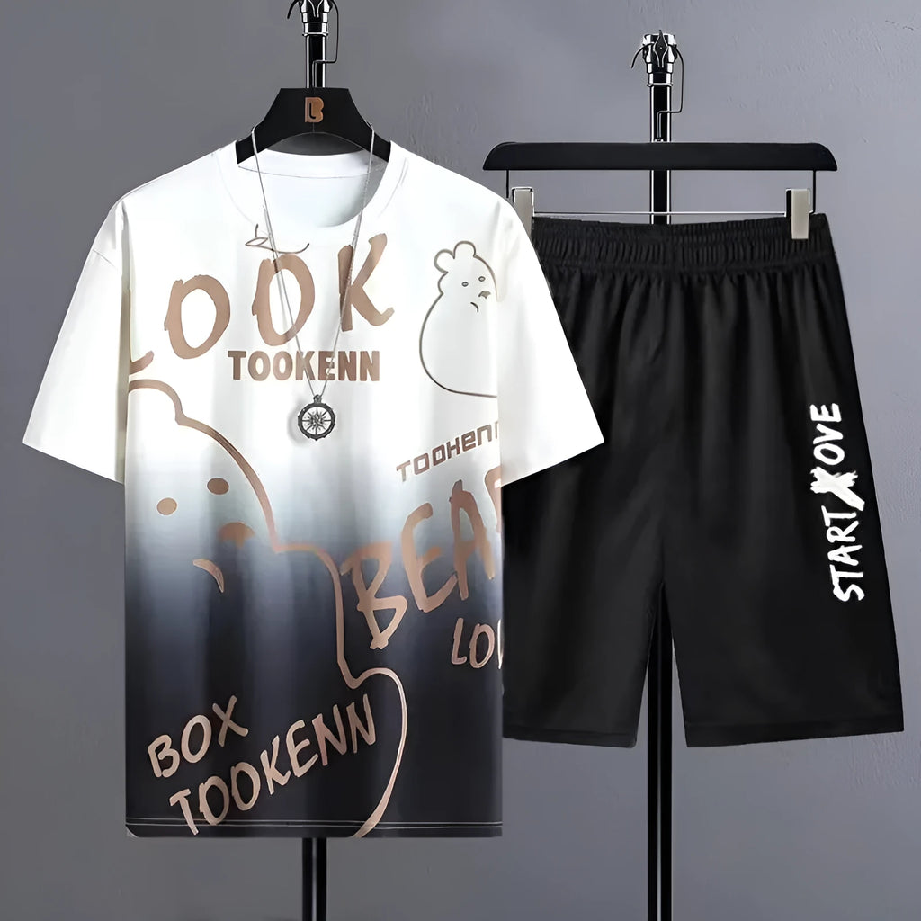 Men's light grey summer shorts suit set consisting of a short-sleeved T-shirt and matching casual shorts.