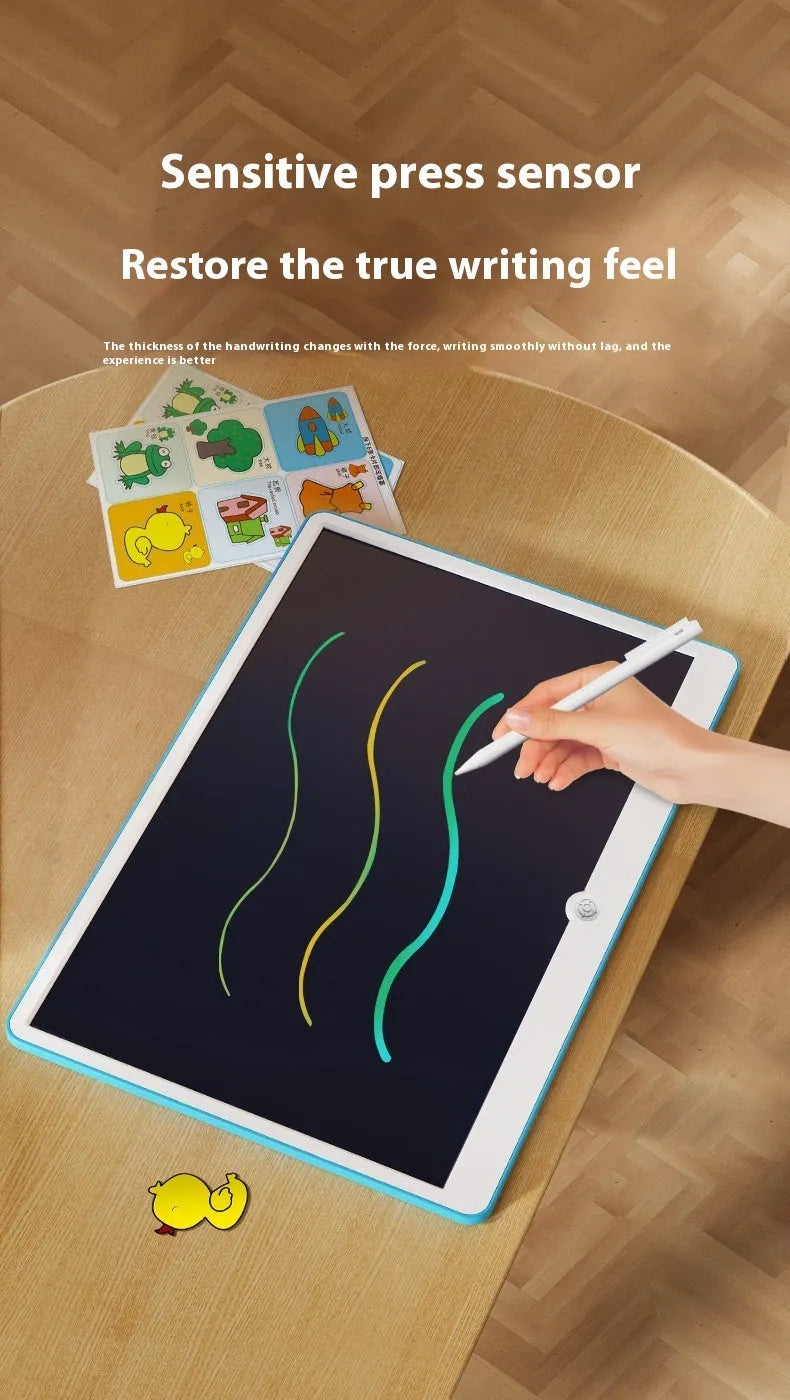 19-inch rechargeable LCD drawing board for children in blue and white colour scheme with stylus.