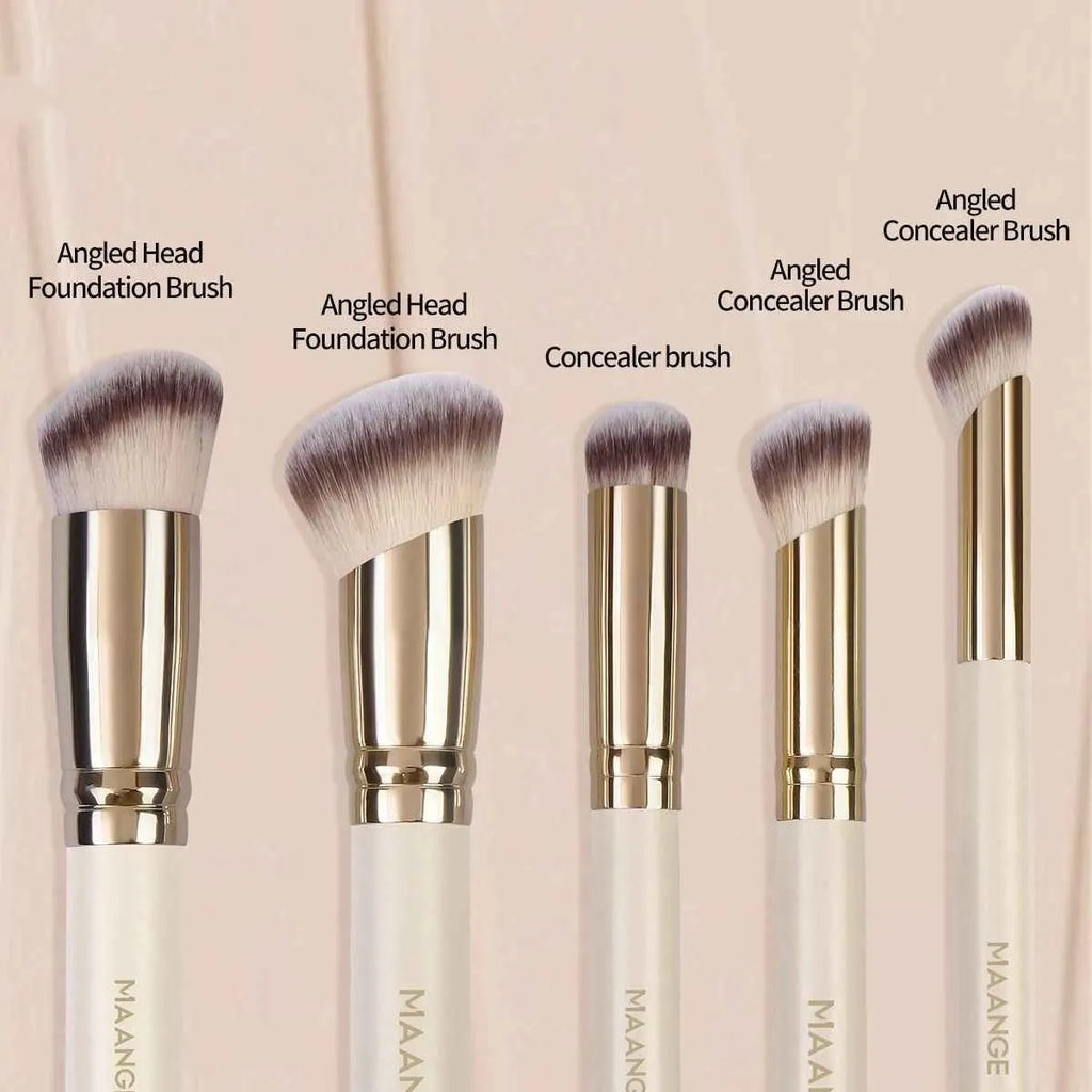 MAANGE apricot coloured five-piece angled blush and kabuki makeup brush set.